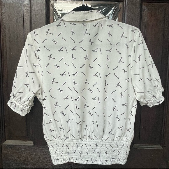Bobby Pin Pattern Printed Shirt With Smocked Waist Size L Off White & Black - Picture 4 of 13